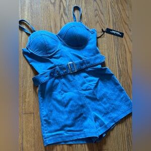 Blue Jean Romper with built in chest cups/adjustable straps.